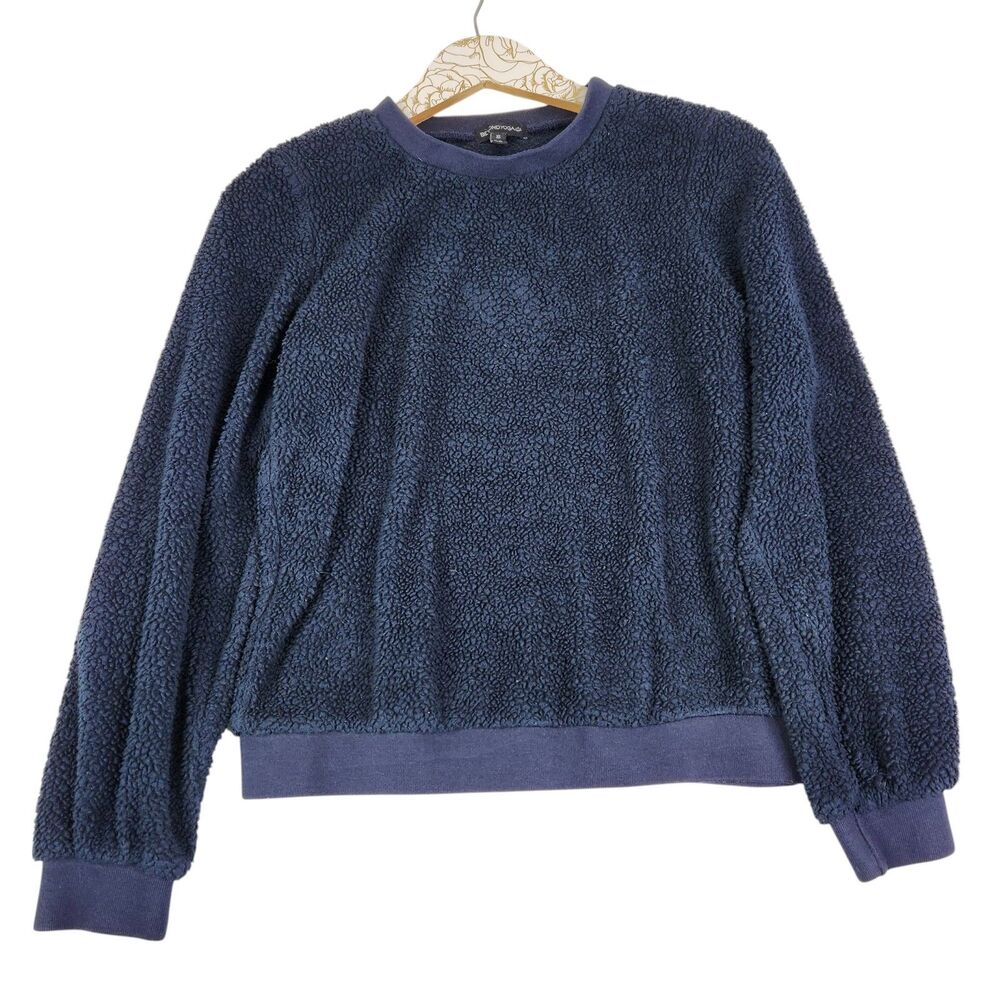 BEYOND YOGA Sweater Womens XS Blue Faux Fur Fleece‎ Pullover Crewneck Cozy USA